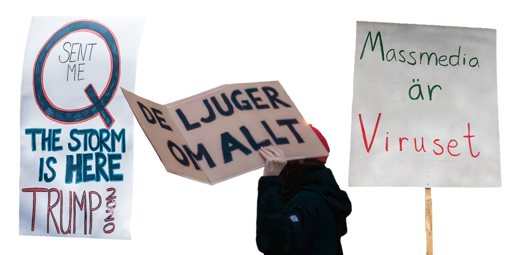 Plakat från konspiratoriska demonstrationer.