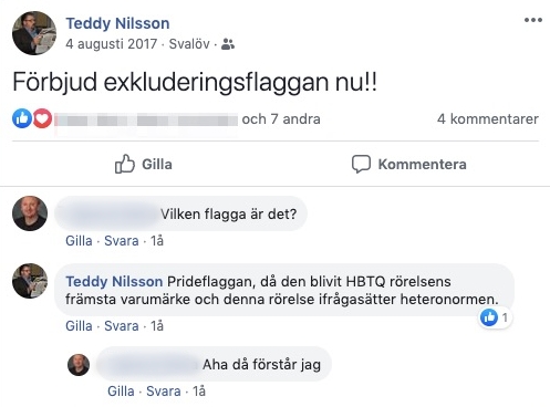 Teddy Nilsson, SD, skriver på Facebook att han vill förbjuda Prideflaggan