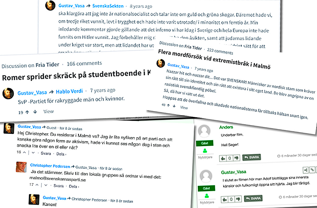Kollage av användaren Gustav_Vasas kommentarer på Nordfront och Fria tider.