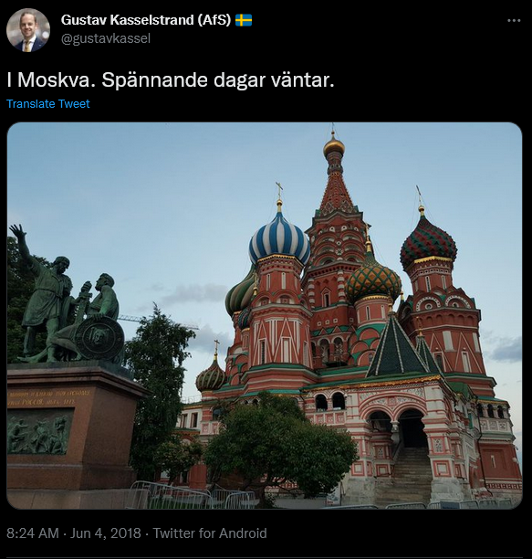 Alternativ för Sveriges partiledare Gustav Kasselstrand twittrar i samband med deltagande på konferens i Ryssland och Moskva.