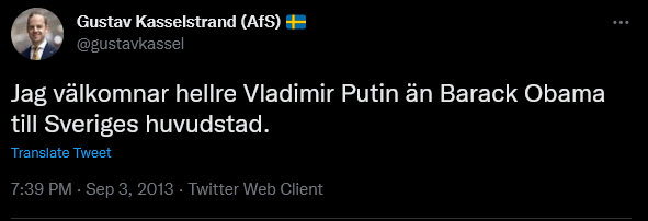 Alternativ för Sveriges partiledare Gustav Kasselstrand välkomnar Vladimir Putin i samband med USA:s tidigare president Barack Obamas statsbesök i Stockholm.