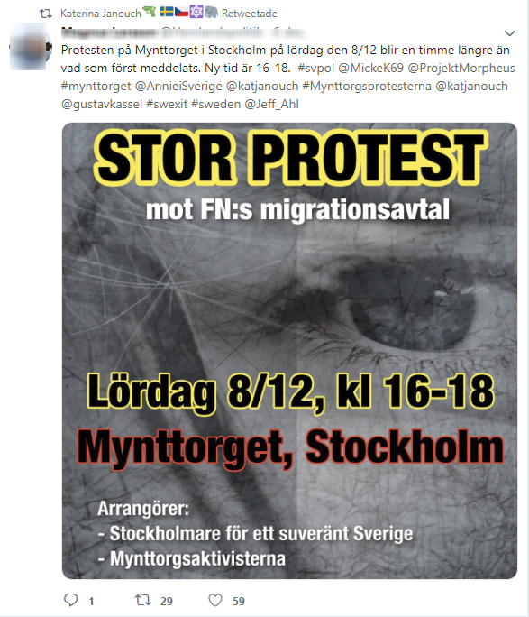 Katerina Janouch sprider reklam inför demonstration på Twitter